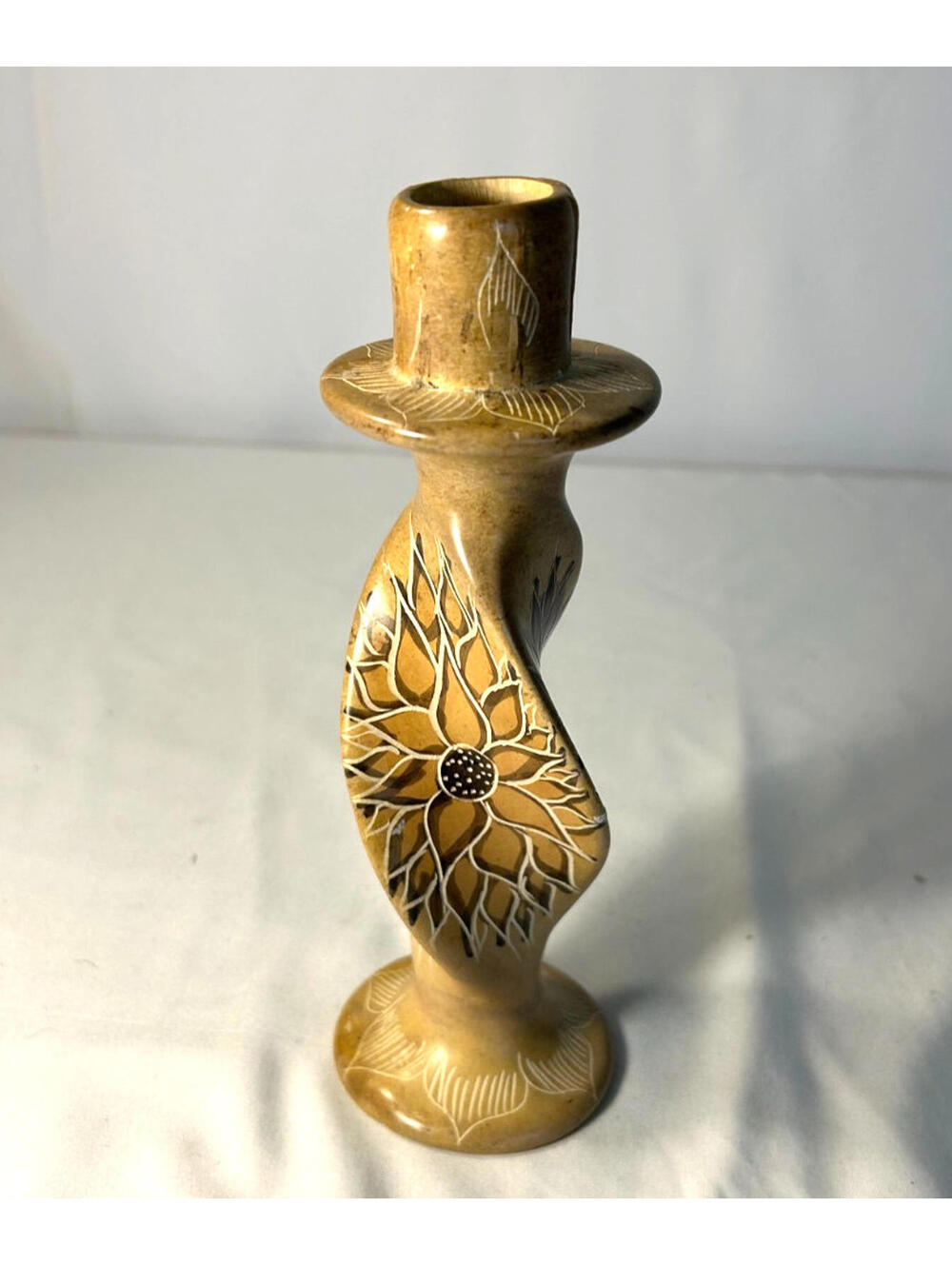 Hand Carved Twisted Soap Stone Sunflower Candle Holder 7 inches Kenya Neutral